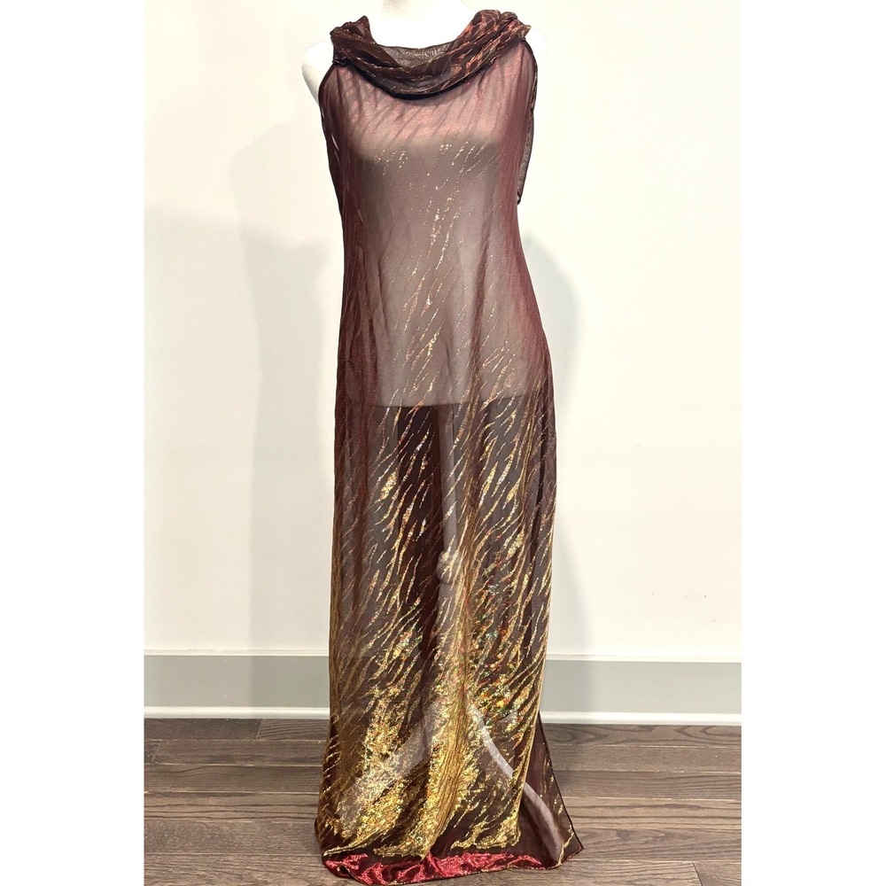 Vtg Shirley of Hollywood Maxi Gown Large Metallic Illusion Sheer Zebra Red 21369